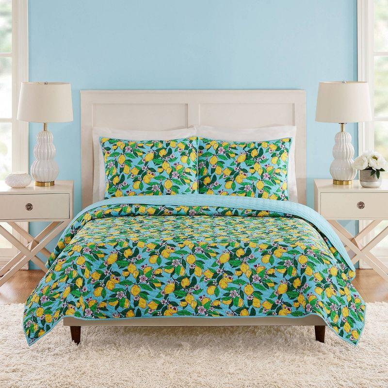 Blue Reversible Microfiber Full Quilt Set with Lemons