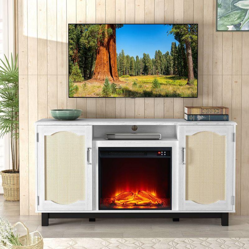 Fabric Style TV Stand for TVs up to 63'' with Electric Fireplace White - Festivo: Media Console, Storage Shelves