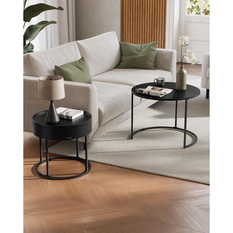 VASAGLE Round Coffee Tables, Set of 2 Nesting Tables, Modern Round Side Tables with Hidden Storage and Top Tray