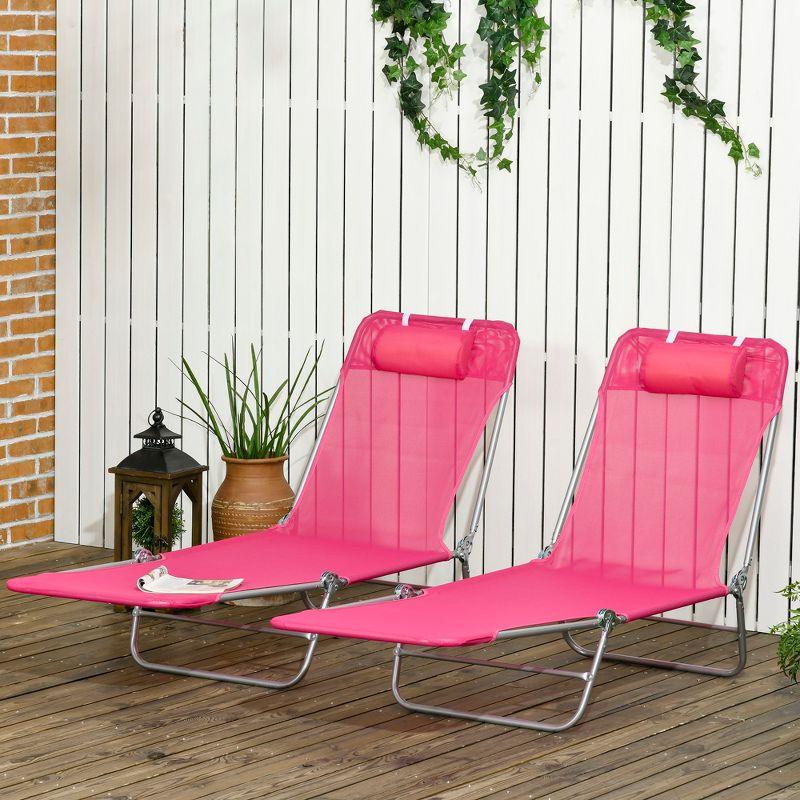 Outsunny Folding Chaise Lounge Pool Chairs, Set of 2 Outdoor Sun Tanning Chairs with Pillow, Five-Position Reclining Back for Beach, Pink