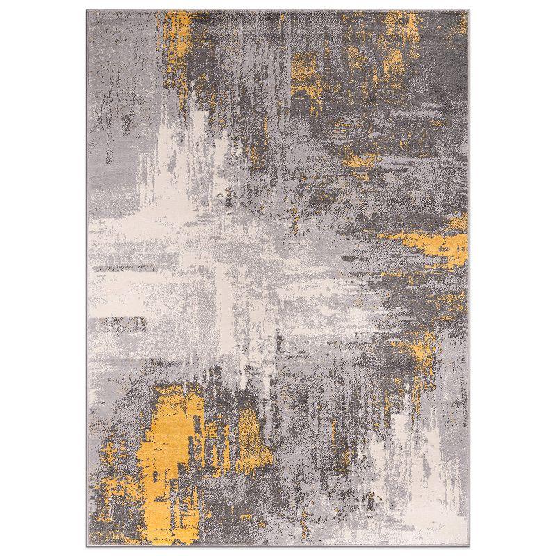 Yellow and Gray Abstract Stain-Resistant Synthetic Area Rug 5' x 7'