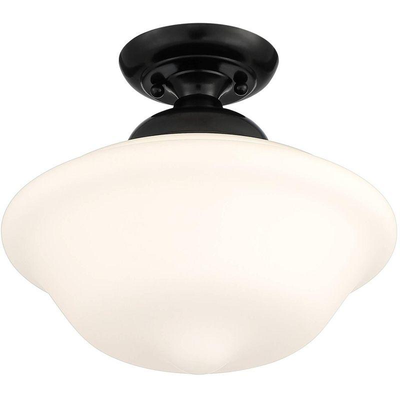 Regency Hill Vintage Rustic Farmhouse Ceiling Light Semi Flush Mount Fixture 13" Wide Gloss Black Flush White Glass Shade for Bedroom Living Room