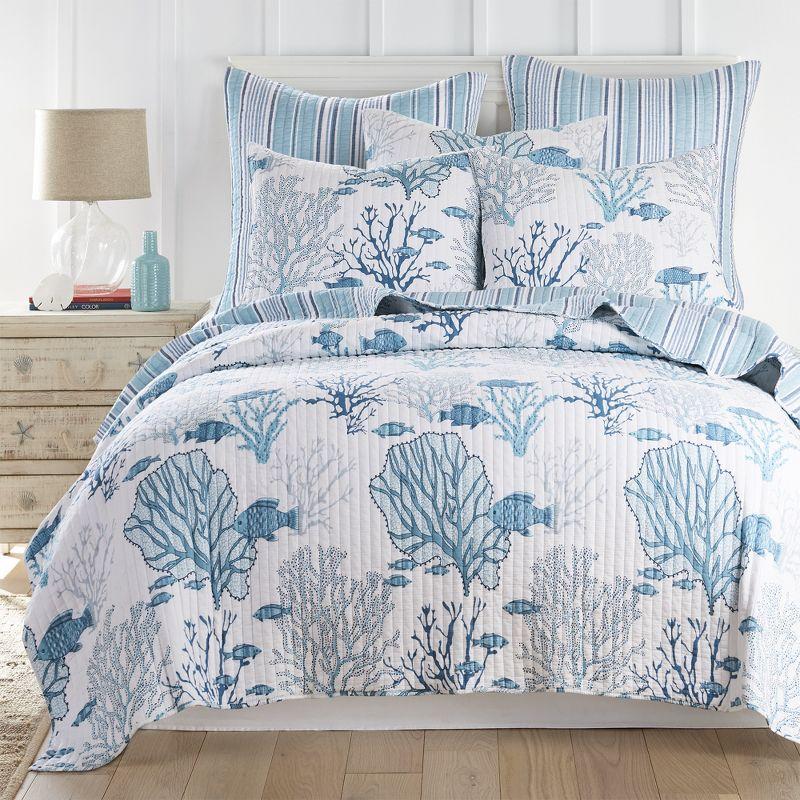 Blue and White Cotton Twin Reversible Quilt Set