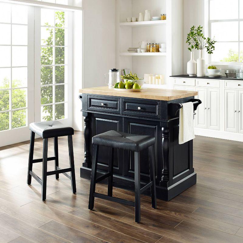 Oxford Kitchen Island with 2 Upholstered Saddle Stools Black - Crosley: Pass-Through Storage, Towel Bars, Wood Veneer