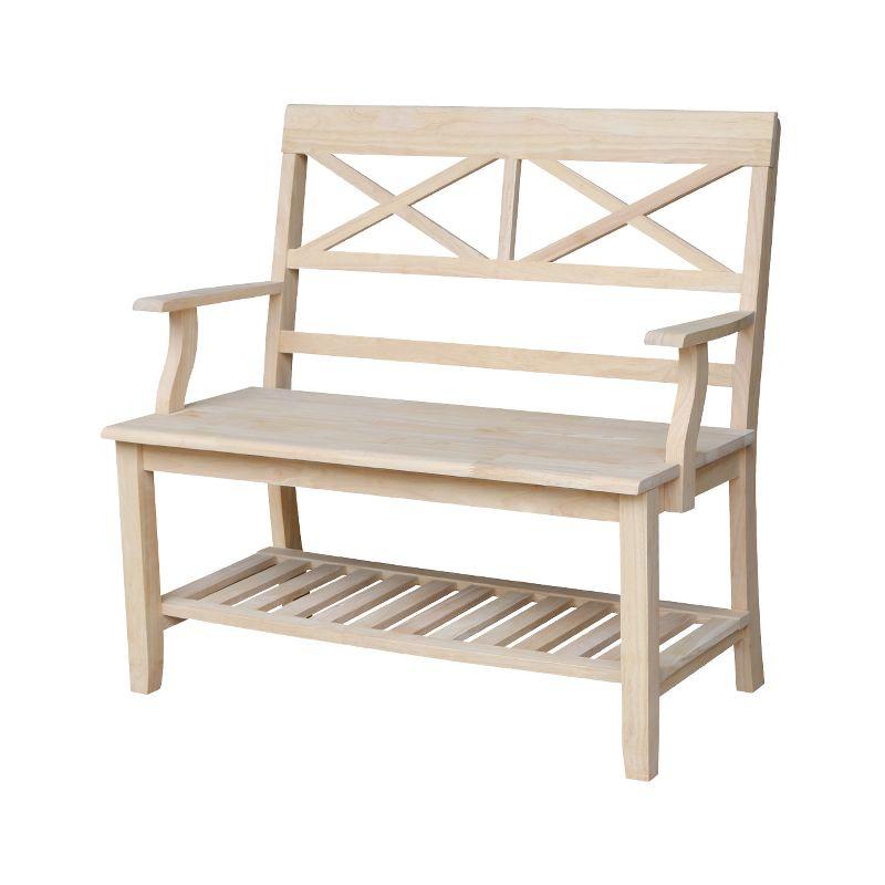 Double X-Back Bench with Arms and a Shelf - International Concepts: Hardwood Frame, Non-Upholstered, 2-Person Seating