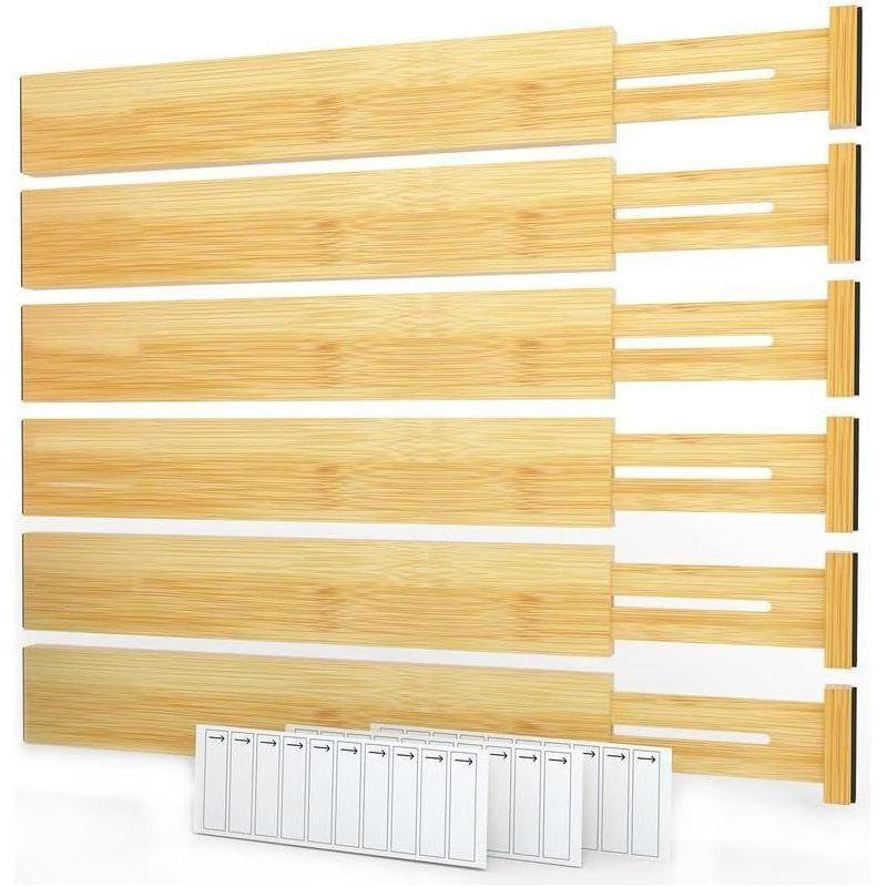 Set of 6 Adjustable Bamboo Drawer Dividers with Labels