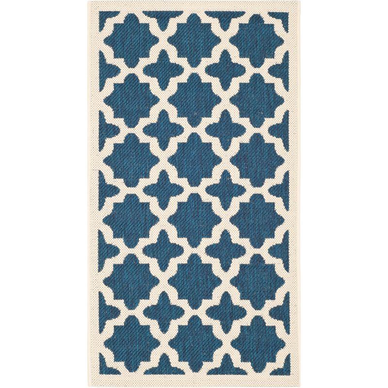 Navy and Beige Round Stain-Resistant Synthetic Area Rug