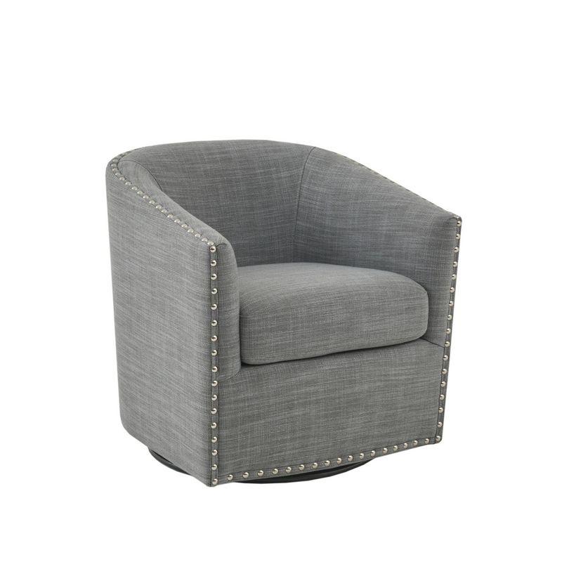 Elegant Gray Barrel Swivel Lounge Chair with Silver Nailheads