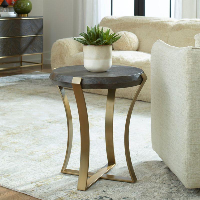 Round Brown Wood and Brass Metal Side Table