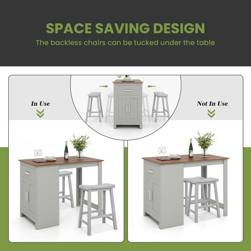 Costway 3 Pieces Bar Table Set Pub Dining Table with Saddle Stools & Storage Cabinet Grey