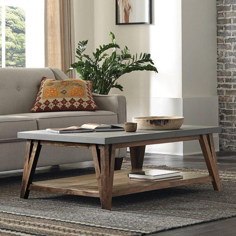 48" Brookside Coffee Table Concrete Coated Top and Wood Light Brown/Gray - Alaterre Furniture: Mid-Century Modern Design, Fixed Shelf