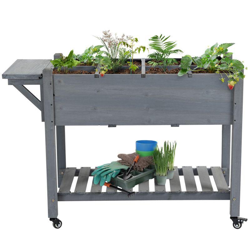 Outsunny 49''x21''x34'' Raised Garden Bed w/ 8 Grow Grids, Outdoor Wood Plant Box Stand w/ Storage Shelf & Wheels for Vegetable Flower, Gray