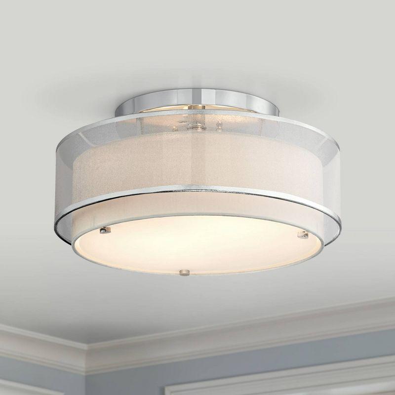 Possini Euro Design Modern Ceiling Lighting Semi Flush Mount Fixture 16" Wide Chrome 2-Light Sheer Outer Off White Inner Drum Shade for Bedroom House