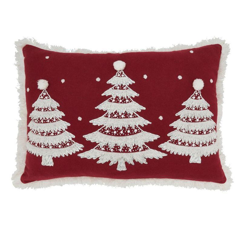 Saro Lifestyle Joyful Jingle Fringed Christmas Trees Throw Pillow Cover, 14"x20", Red