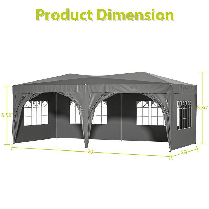 10x20in Pop Up Canopy, Canopy Tent With 6 Removable Sidewalls & Sand Bags & Pull Ropes, 12 Ground Stakes, Carry Bag, Gray