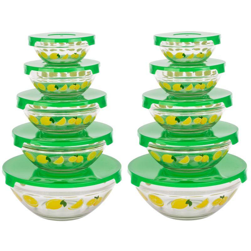 20-Piece Lemon Design Glass Bowls with Green Lids Set