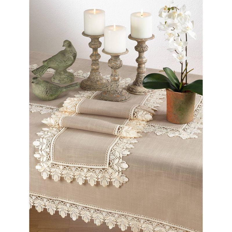 Taupe Lace Trimmed Fabric Tablecloth