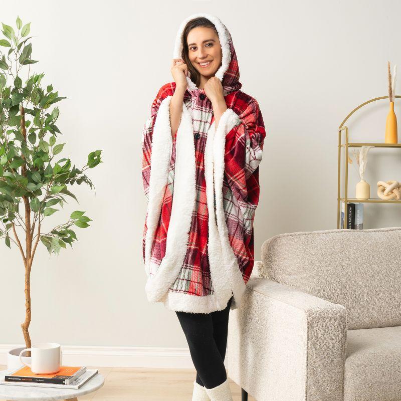 PAVILIA Angel Wrap Hooded Blanket for Women Adult, Wearable Cozy Wrap Throw Fleece Shawl Cape, Tartan Plaid/Faux Shearling