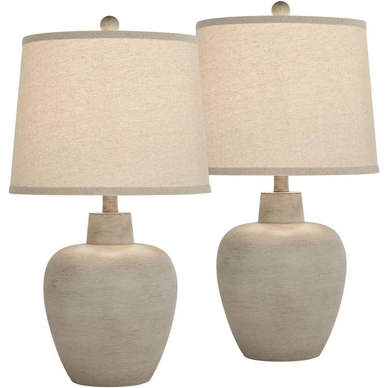 Southwest Beige Resin Urn Table Lamps with Drum Shades, Set of 2