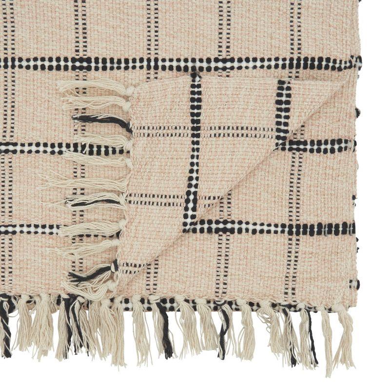 Beige Cotton Checkered Table Runner with Fringe, 16" x 72"