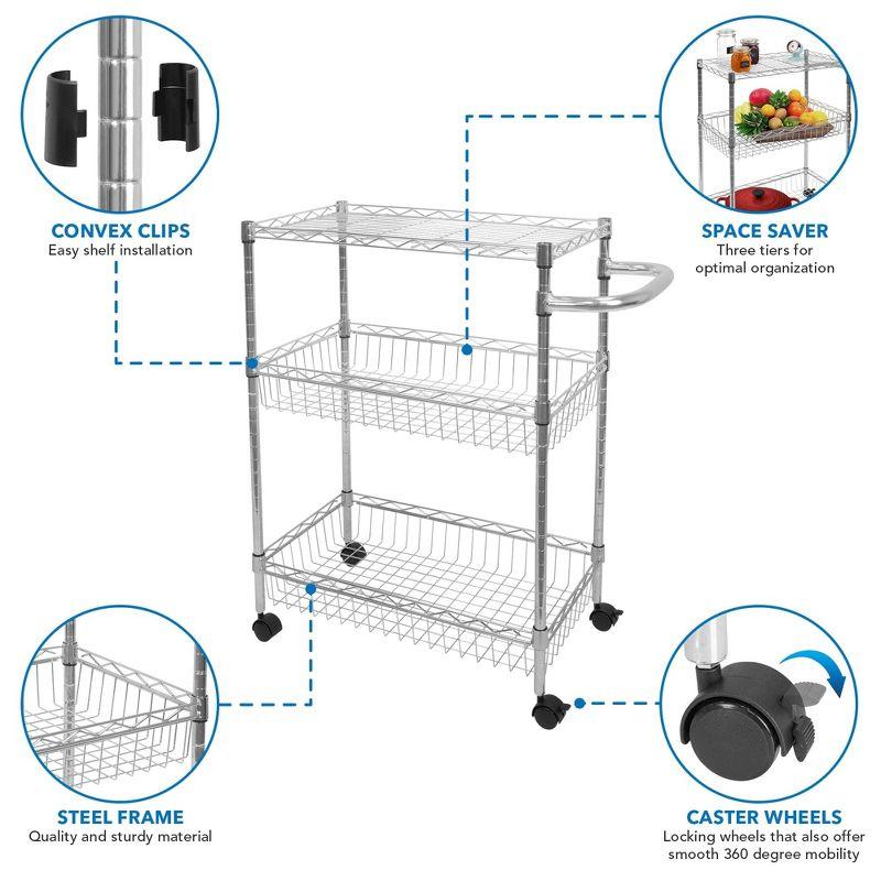 Mount-It! Mesh Wire Rolling Cart | 3-Tier Multi-Function Metal Trolley for Kitchen Storage and Organization with Lockable Wheels and Handle | Silver