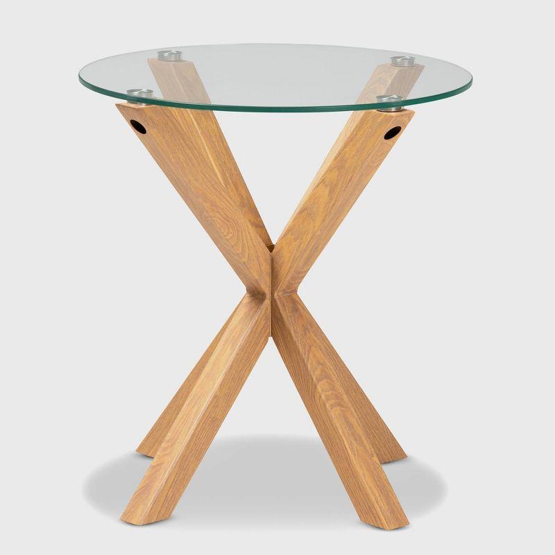 Lida Glass and Wood Finished End Table Clear/Natural - Baxton Studio: Scandinavian Style, Round Shape, Metal Frame