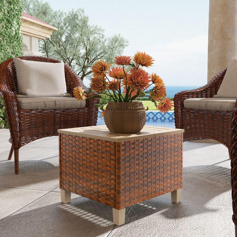 Outsunny PE Rattan Outdoor Side Table, Patio End Table with Wood Top, Brown