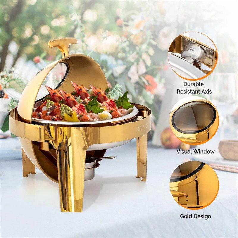 6 QT Gold Roll Top Round Chafing Dish Buffet Set with Glass Window