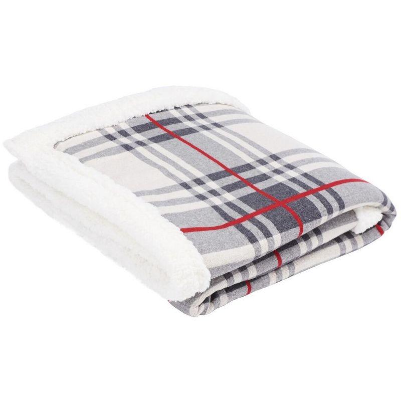 Classic Grey and Red Plaid Cotton Sherpa Throw Blanket - 50" x 60"