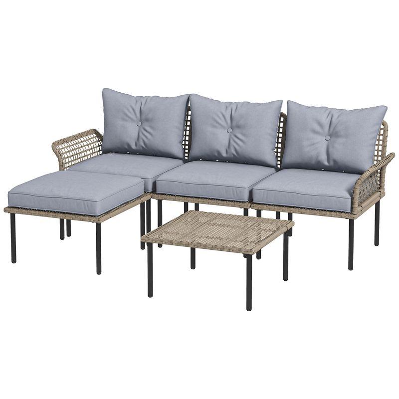 Outsunny 5 Pieces Patio Furniture Set with Cushions, Sofa, Chaise Lounge, Stool, Coffee Table