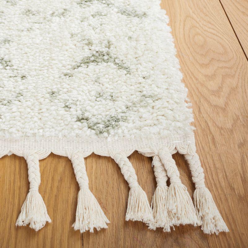 Ivory and Sage Hand-Knotted Shag Area Rug with Fringe