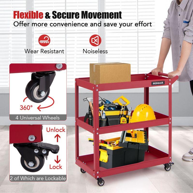 Tangkula 3-Tier Rolling Tool Cart w/ 3 Spacious Shelves 4 Universal Wheels w/ 2 Brakes Red