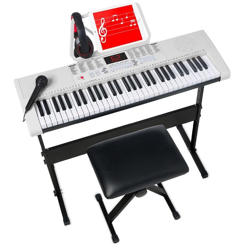 Best Choice Products 61-Key Beginners Electronic Keyboard Piano Set w/ LED, 3 Teaching Modes, H-Stand, Stool - White