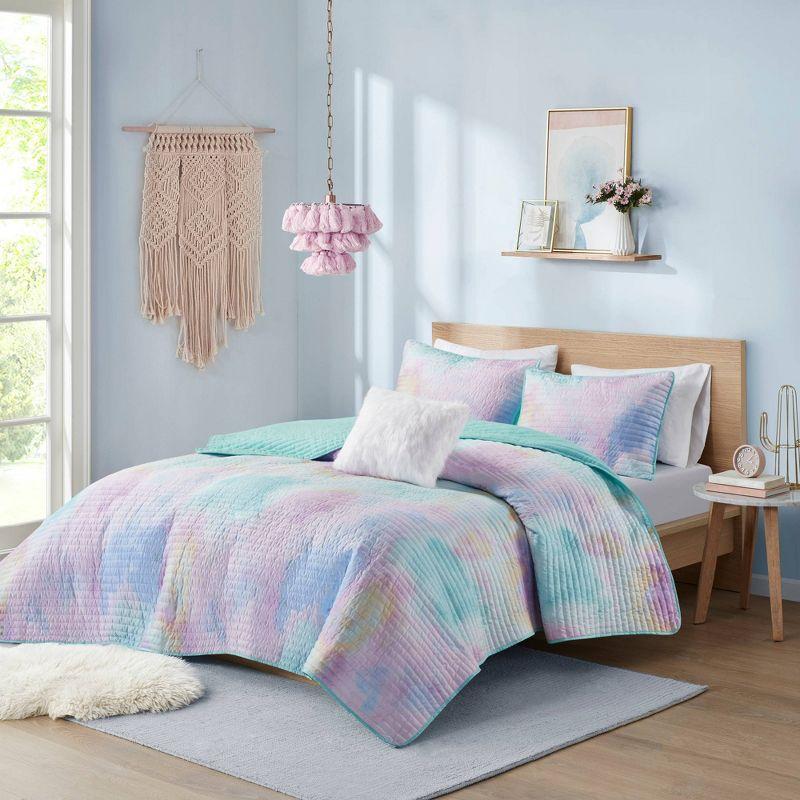 Full Blue Microfiber Watercolor Tie Dye Quilt Set