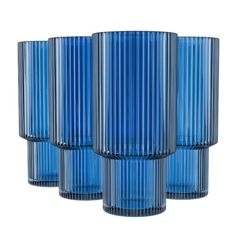 American Atelier Vintage Art Deco 11 oz. Fluted Drinking Glasses 4-Piece, Unique Cups for Weddings, Cocktails or Bar, Ribbed Glass Cup