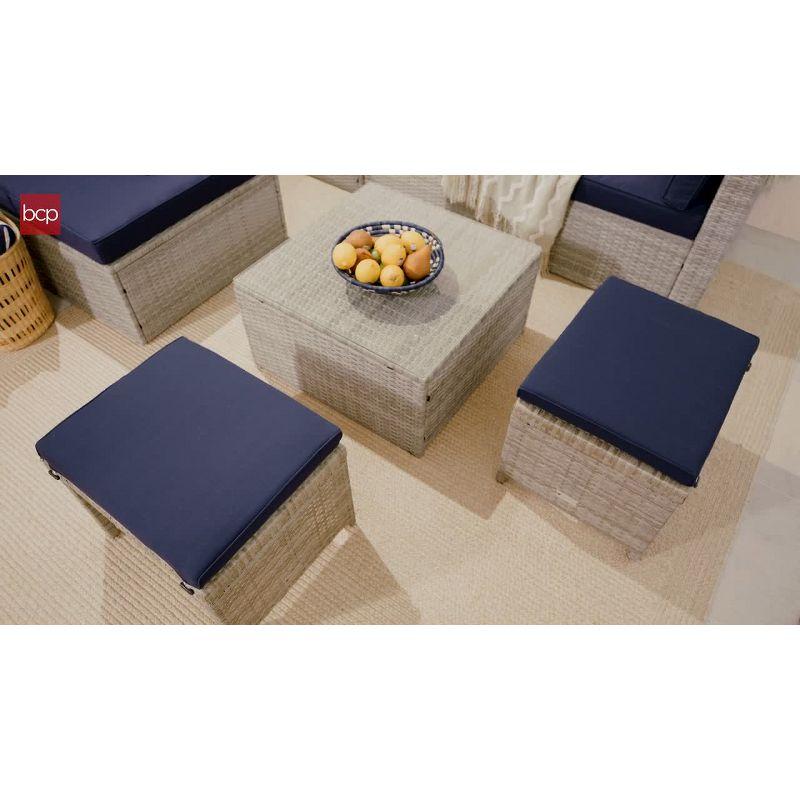 Gray and Black Wicker Outdoor Ottoman Set with Removable Cushions