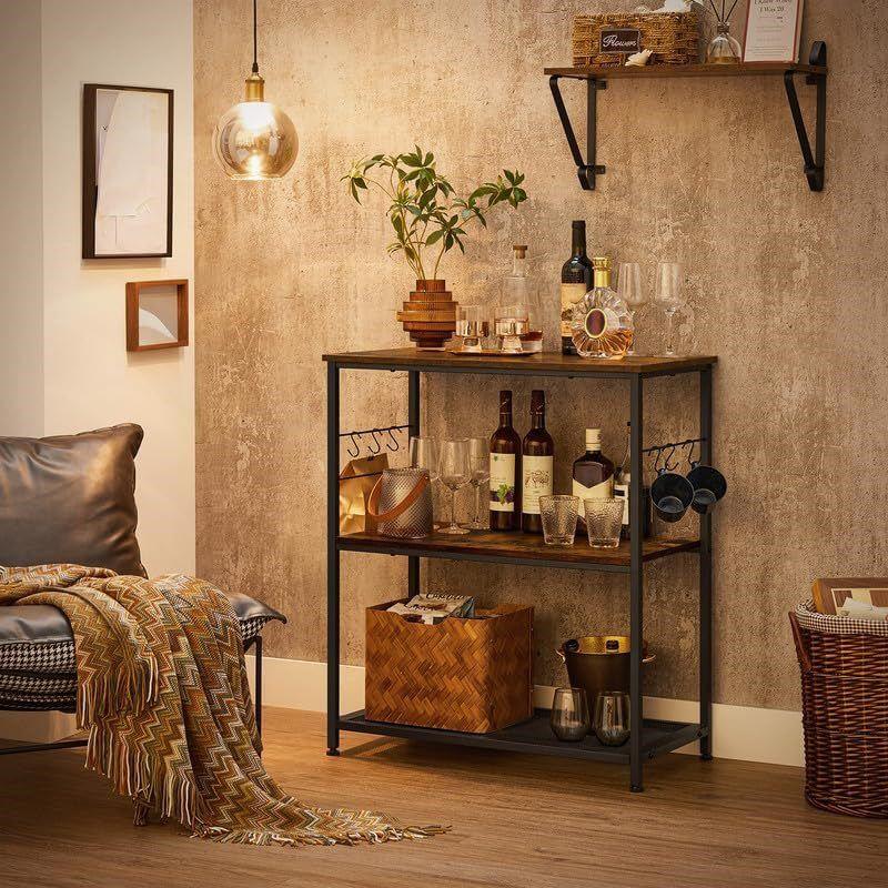 Rustic Brown and Black Kitchen Island with Metal Frame and Shelves