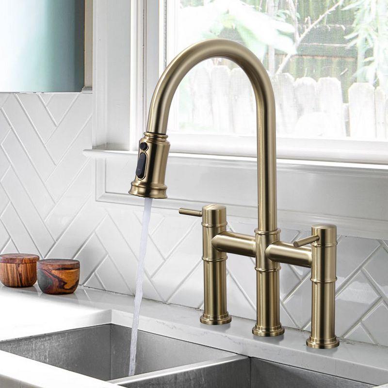 WOWOW Double Handle Bridge Pull Down Sprayer Kitchen Faucet