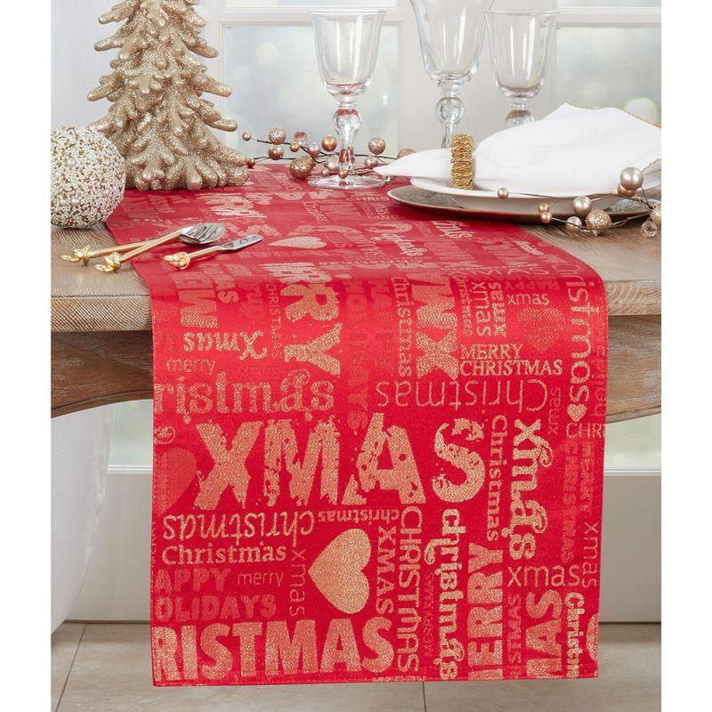 Red and Gold Christmas Text Polyester Table Runner