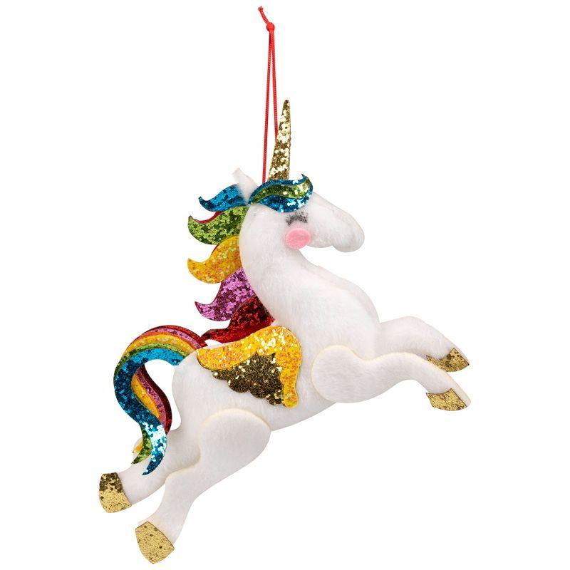 White Plush Leaping Unicorn Ornament with Rainbow Mane