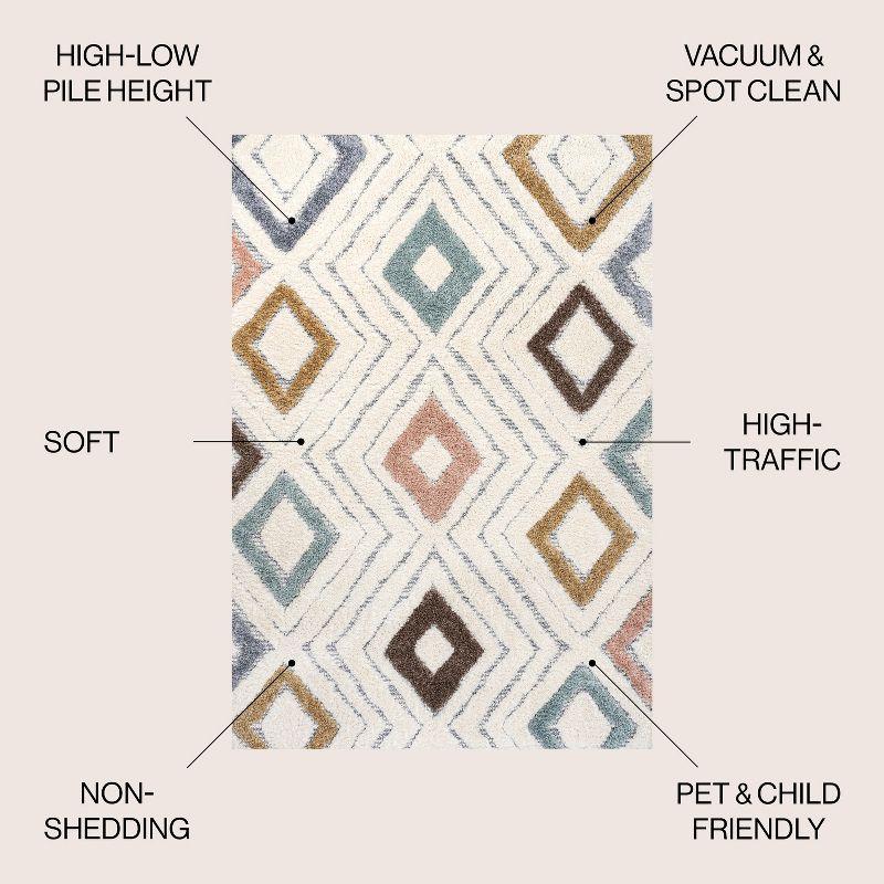 Ivory and Multicolor Geometric Diamond High-Low Area Rug