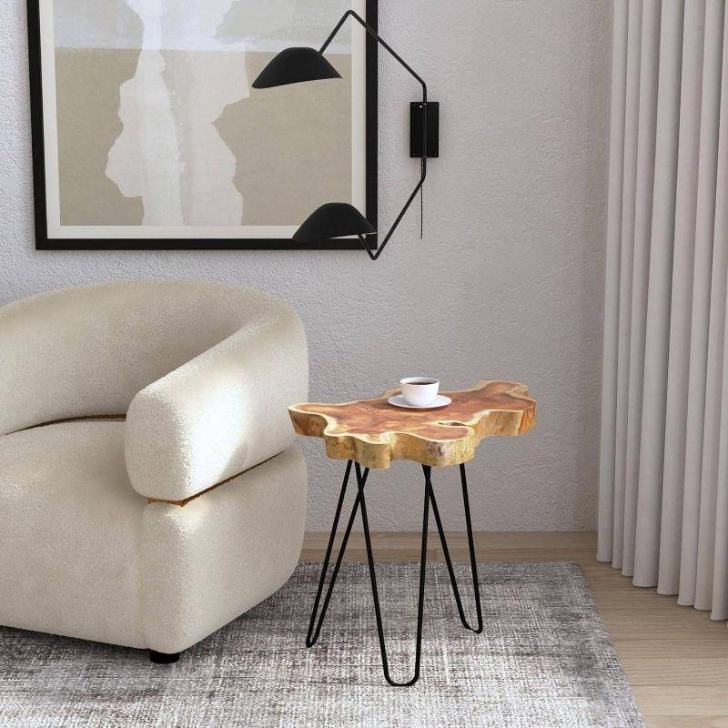 Natural Live-Edge Teak Wood Round Accent Table with Metal Legs