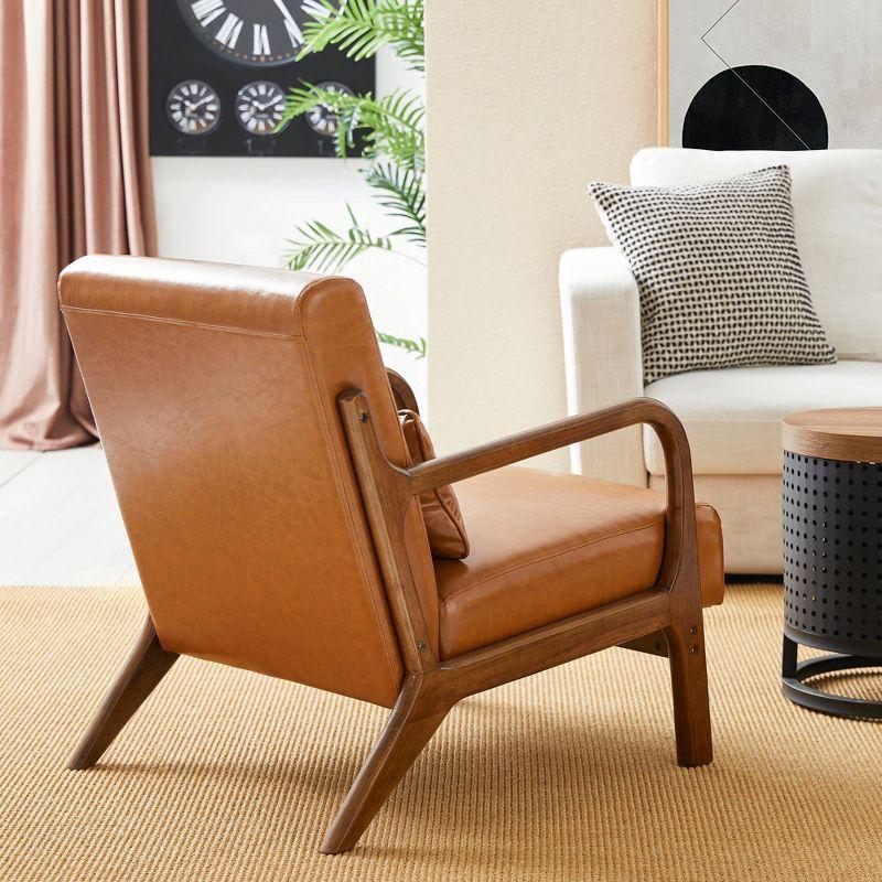 Mid-Century Modern Leatherette Arm Accent Chair Walnut Rubberwood Frame Tan - Glitzhome: Upholstered, Durable, for Office & Home