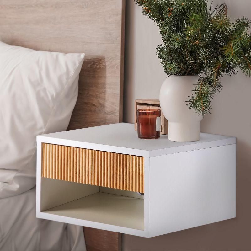 JONATHAN Y Mid-Century Modern Floating Wall Mounted Nightstand with Soft-Close Rattan Drawer and Cable Hole