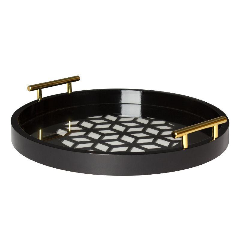 Caspen Round Black Glass Decorative Tray with Gold Handles