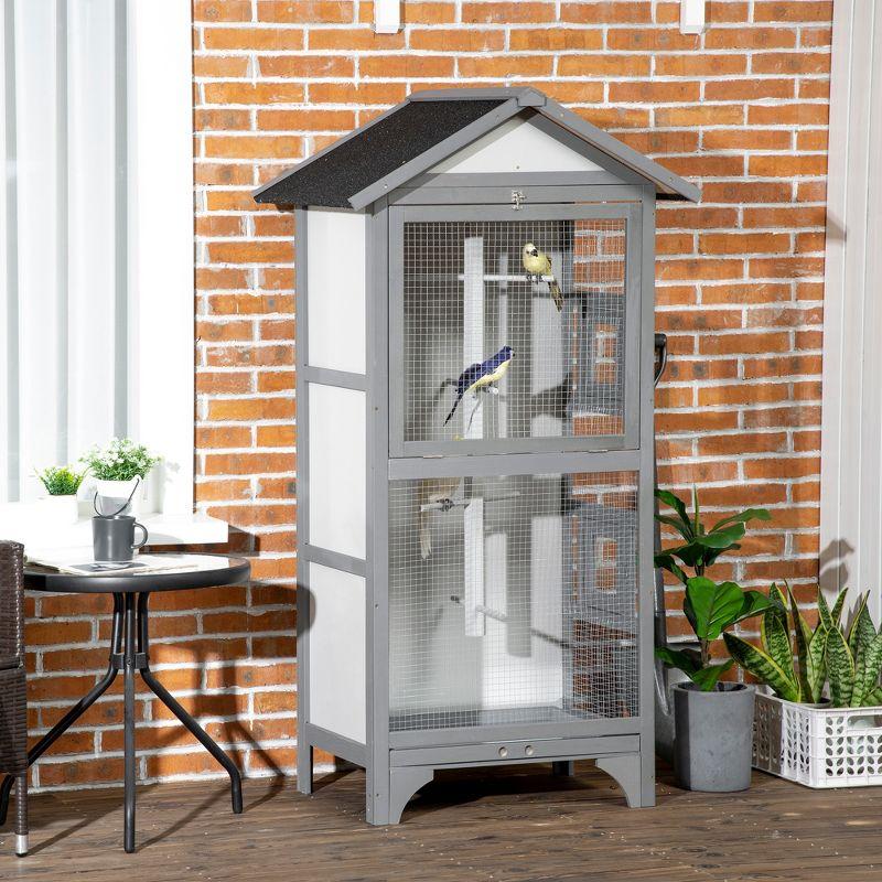 Large Gray Wooden Outdoor Bird Cage with Perches