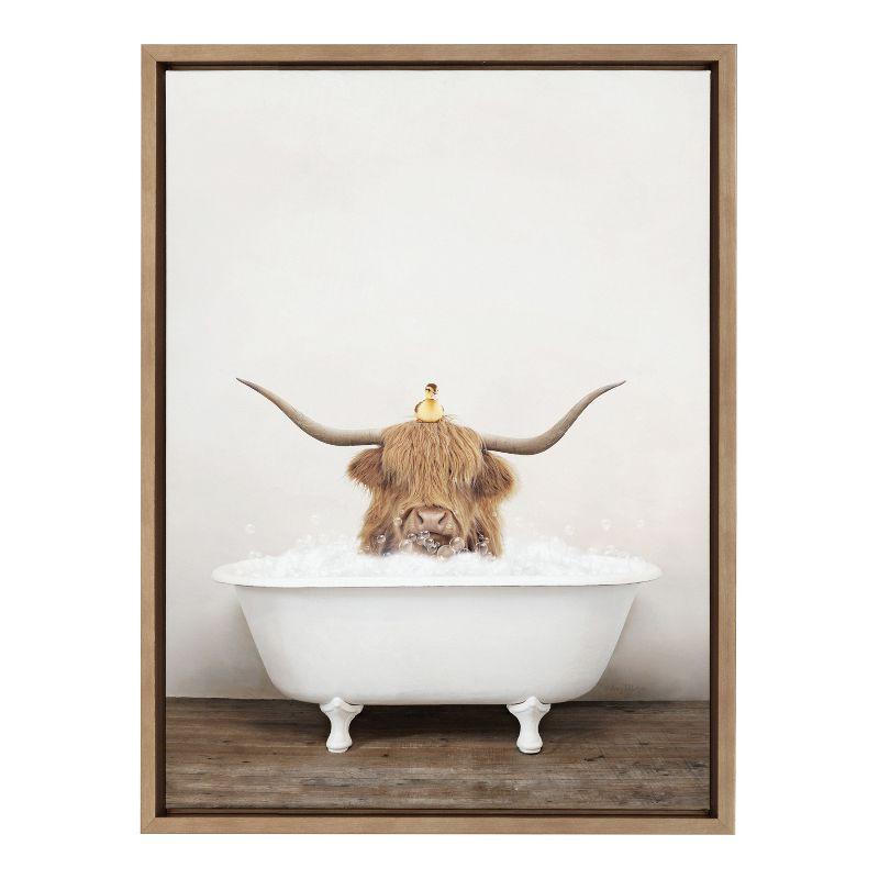 Kate and Laurel Sylvie Highland Cow and Duckling in Rustic Bath Framed Canvas by Amy Peterson Art Studio, 18x24, Gold