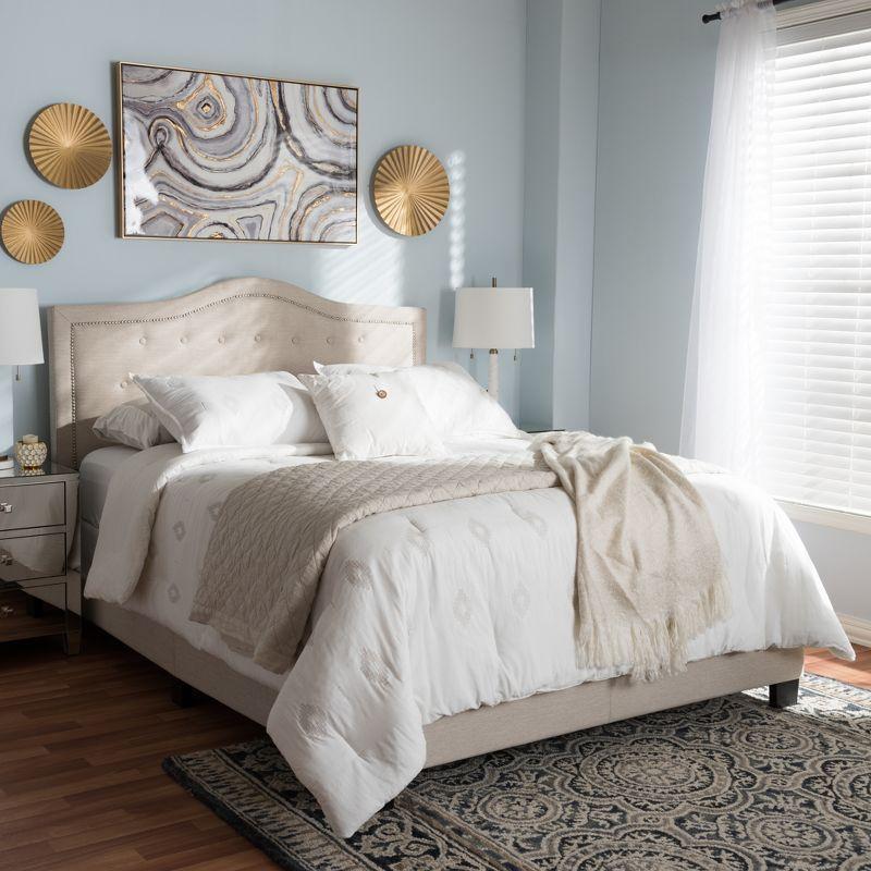 Elegant Beige King-Sized Upholstered Bed with Nailhead Trim