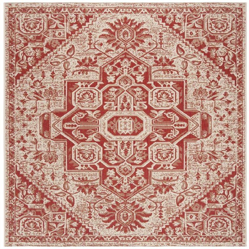 Red and Cream Synthetic Medallion Square Area Rug, 4'x4'