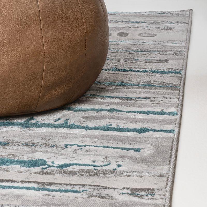 Gray and Turquoise Striped Synthetic Runner Rug